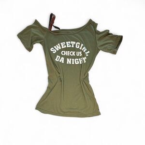 Off the Shoulder Top Belt Strap Detail Khaki Green Graphic Print Y2K JFashion